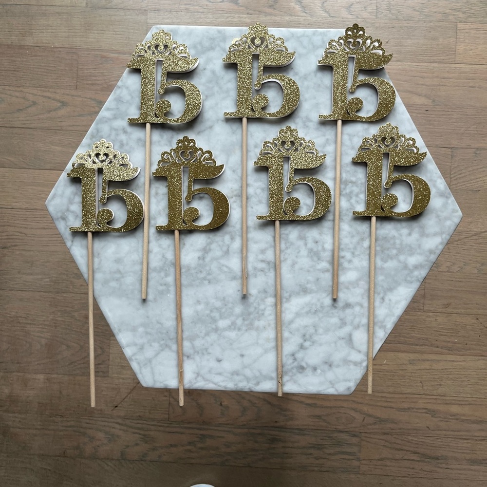 Sweet 15 / Quinceañera Decor - 7 Gold Picks - Used